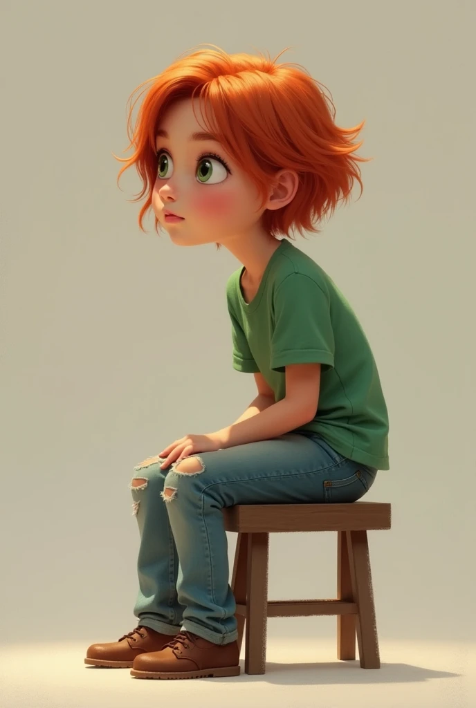 Girl age 10-12, short red hair, green T-shirt, jeans, sitting on stool, side view