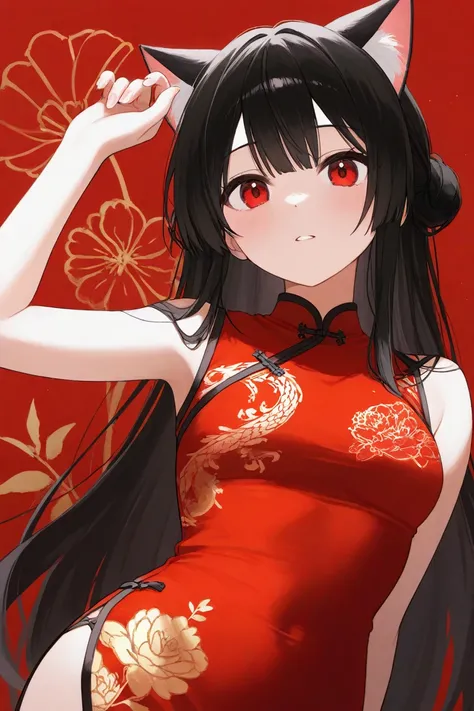  black hair、 red eyes、Cat ears、 red china dress