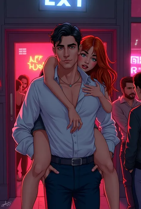  Create an illustration of a tall and stately man leaving a nightclub carrying a young redheaded woman over his shoulder . He has dark hair,  a serious expression and wearing a dress shirt slightly open on the collar . the woman,  with red hair and short d...