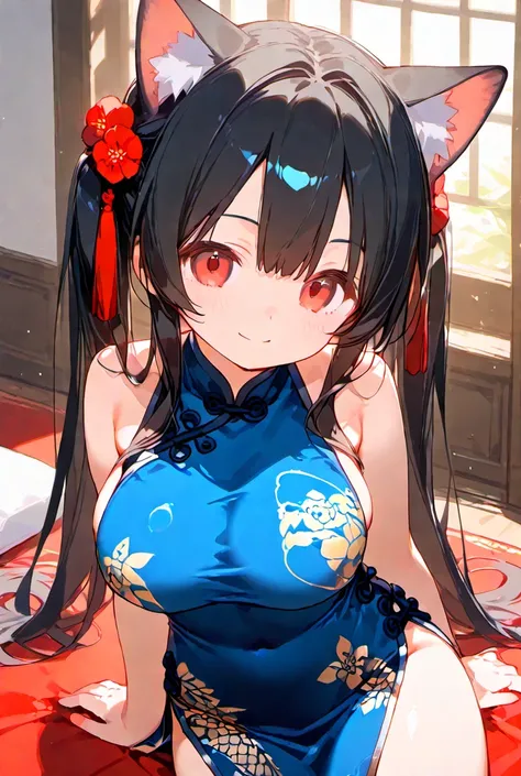  black hair、 red eyes、Cat ears、 red china dress、Big Breasts