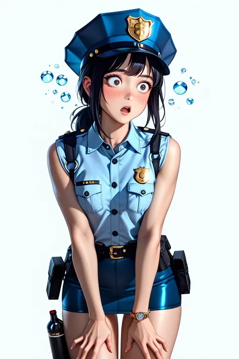  Japanese beautiful girl ,(It's 1 :2.0),( watches viewers:1.0),(sleeveless collared police shirt:1.1),( police officer's micro mini skirt:1.1),( slender body:1.2),(Surprised:1.0),real skin ,small breasts,  Shiny Black Hair, Super Detailed Black Eyes, lean ...