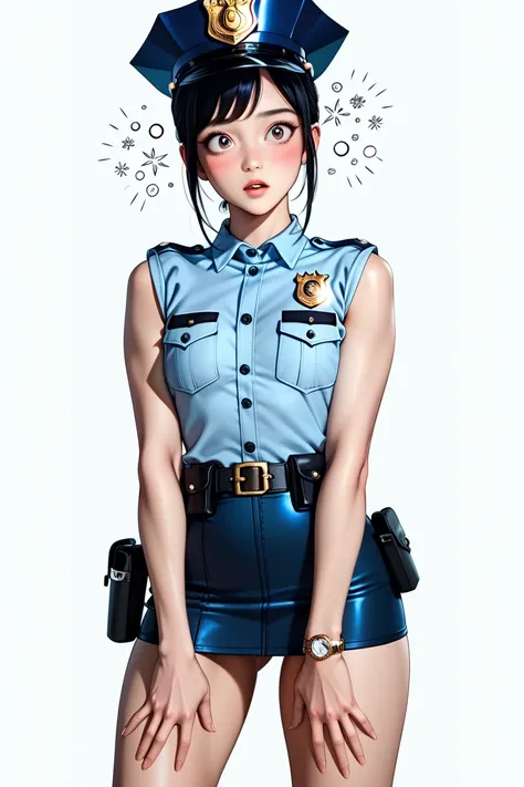  Japanese beautiful girl ,(It's 1 :2.0),( watches viewers:1.0),(sleeveless collared police shirt:1.1),( police officer's micro mini skirt:1.1),( slender body:1.2),(Surprised:1.0),real skin ,small breasts,  Shiny Black Hair, Super Detailed Black Eyes, lean ...