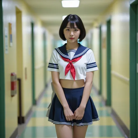  Beautiful Belly Girl in the School Hallway , A tall, beautiful Japanese middle school student, , (  cropped Japanese student sailor uniform),  Ultra Low Rise Blue Mini Skirt , Extremely Detailed ,  Floor Pants ,  detailed face,  beautiful eyes,  short hai...