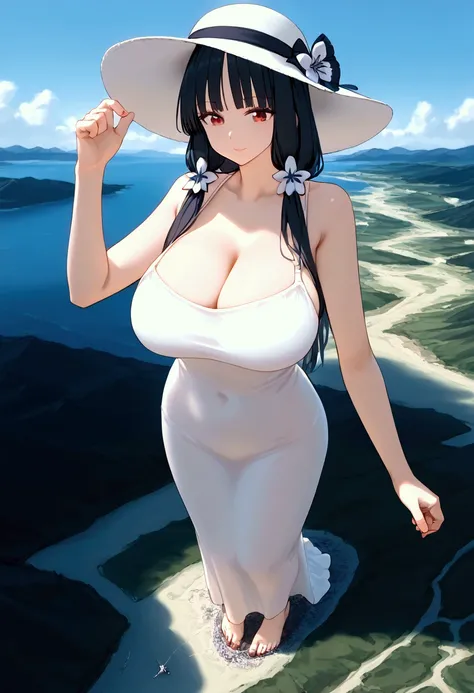 1girl,solo,long black hair,red eyes,huge breasts, White summer dress, summer hat,giantess,landscape,giga giantess,continent,Gentle giantess, full body view, ocean 