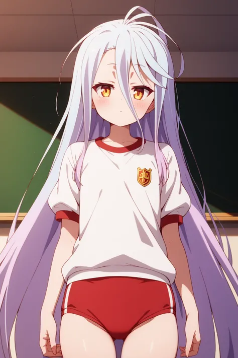 masterpiece,best quality,{{detailed beautiful face and eyes}}, very detailed background,
Shiro,{{{megami magazine}}},very long hair,white hair,messy hair,hair between eyes,yellow eyes,half closed eyes,flat chest,
gym uniform,red buruma, white shirt, short ...