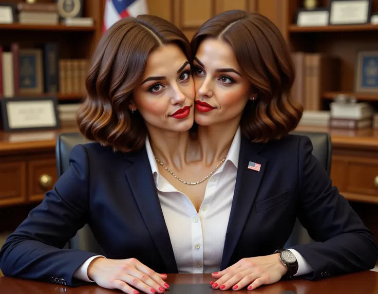 realistic face two headed Caucasian female with brown hair and brown eyes a in business suit, us president, very fit, two heads, conjoined, white polo shirt, round boobs, sitting in Oval Office, us flag pin on blazer, red fingernails, red lips, late 40s, w...