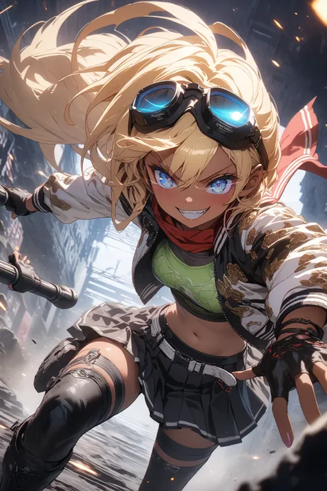 score_9, score_8_up, score_7_up, score_6_up, score_5_up, score_4_up,anime artwork masterpiece,best quality, unreal engine, ultra res, extremely detailed, One Girl,blonde hair,long hair,blue eyes,Glowing Eye Trail,tan skin,biker goggles on head,black sailor...