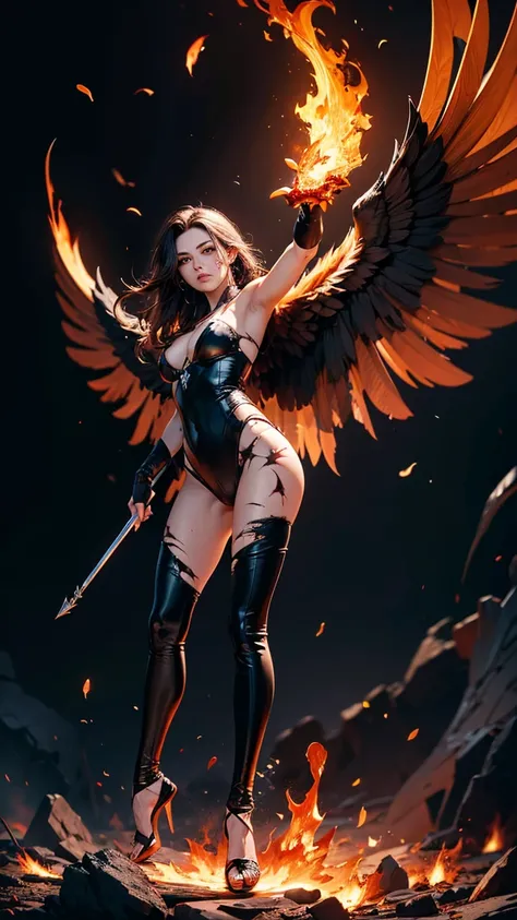  Fallen Angel ， Blackened Wings ， Scorching Environment ，Scarred Face ， Fiery Eyes ， Fiery Hands ， Perfect Five Fingers， Hell Background ，hyper-realistic，8k， Ultra High Resolution ， High detail， HD ，panoramic， Full Body Lens 