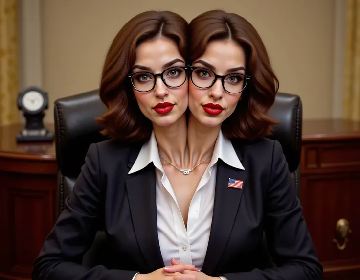 realistic face two headed Caucasian female with brown hair and brown eyes a in business suit, us president, very fit, two heads, conjoined, tight shirt, round boobs, (((huge boobs))), show her from head to toe, sitting in Oval Office, us flag pin on blazer...