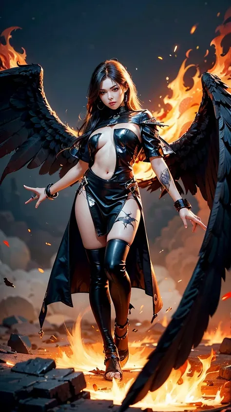  Fallen Angel ， Blackened wings ， scorching environment ，Scarred Face ，Fiery eyes ， Fiery Hands ， perfect five fingers， Hell Background ，hyper-realistic，8k， Ultra High Resolution ， High detail， HD ，panoramic， Full Body Lens 