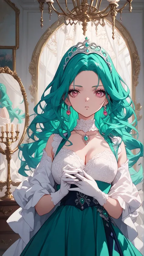 a woman with long wavy dark teal green hair, pink eyes, bedroom, in front of mirror, make up, dress up, chandelier, white pink gown, hair tiara, pearl earrings, satin gloves, no reflection, holding dress