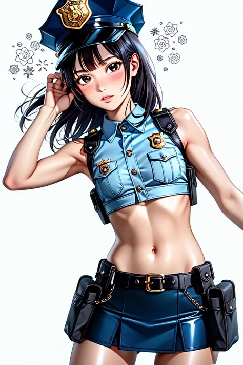  Japanese beautiful girl ,(It's 1 :2.0),( watches viewers:1.0),(sleeveless collared police shirt:1.1),( police officer's micro mini skirt:1.1),( slender body:1.2),(I get hiccups :1.4),real skin ,small breasts,  Shiny Black Hair, Super Detailed Black Eyes, ...