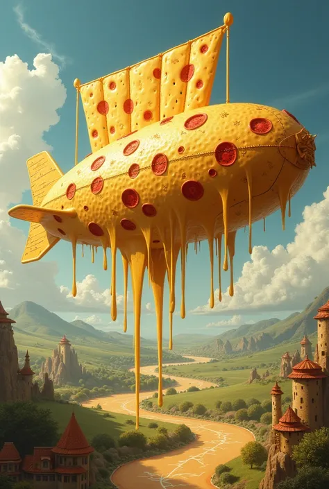 A large pizza ship with all its components and its sails are made of pizza cheese