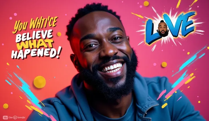 "Crie uma thumbnail atraente e impactante para um clipe de live.  The main image must be of a black man , with a well-groomed beard ,  smiling or making a confident and welcoming expression .  the background must be colorful and dynamic ,  with graphic ele...