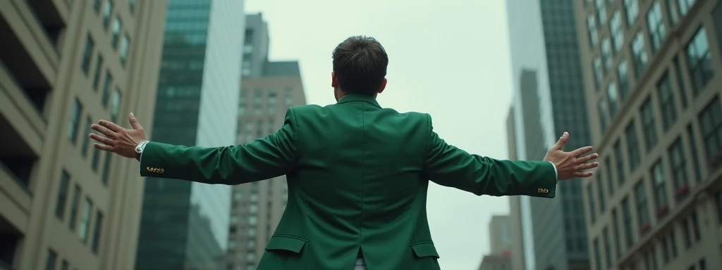 a 30-year-old man, Company CEO ,  Passing the air of superiority, with green suit with brown shoes in a bustling city with gray weather, realistic and natural,  extremely detailed, Background with dark green 8k tone.