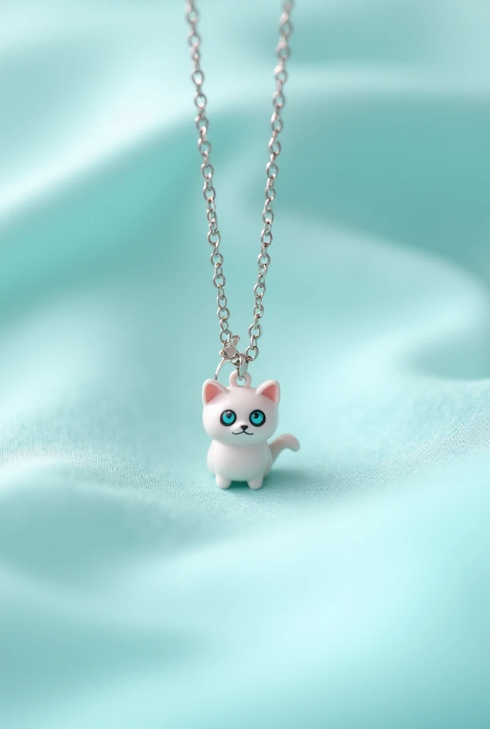 "A silver necklace with a delicate chain, featuring a small, adorable cat pendant in the center. The cat has a playful expression with tiny blue eyes and perked-up ears, giving it a curious and charming look. The pendant is placed on a soft, pastel blue fa...