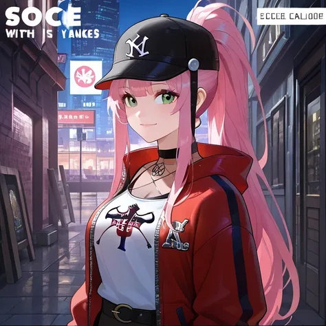 white woman with long pink hair, Black sport cap with red details, green eyes and a slightly square shaped face, light smile, wearing a New York Yankees Black and red jacket and a white tank top (big chest), she is in a night city with colorfull paints bac...