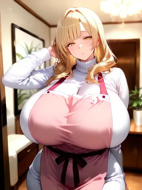 1 girl, long hair, bangs, blonde hair, yellow eyes, mature female, long sleeves, yellow eyes, gigantic breasts, wide hips, slim body, apron, sweater, turtleneck, ribbed sweater, turtleneck sweater, white sweater, pink apron, Japanese style living room