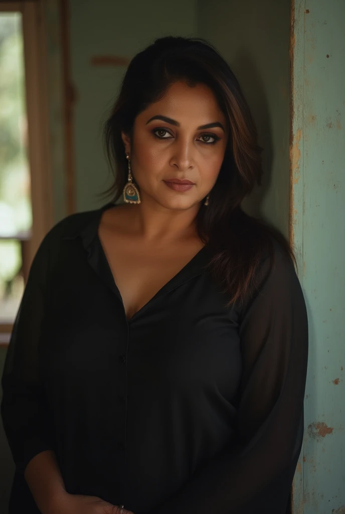 RAW photo, a Bangladeshi woman, srabonti4u woman in a black shirt, (large breasts, cleavage:0.8), looking down, 8K UHD, DSLR, soft lighting, high quality, film grain, Fujifilm XT3