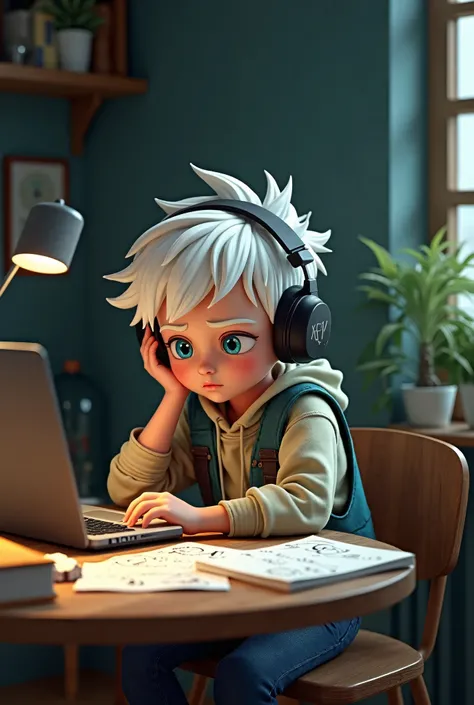  Boy with white hair studying mathematics at a small table, with headphones and on his computer 