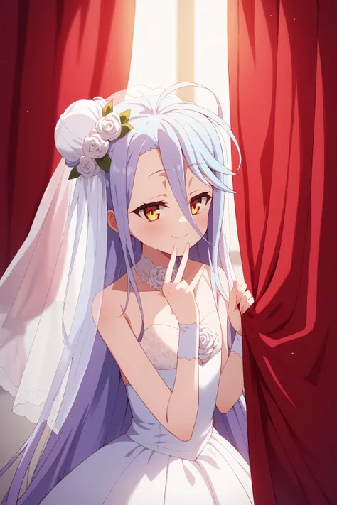 masterpiece,best quality,{{detailed beautiful face and eyes}}, very detailed background,
Shiro,{{{megami magazine}}},very long hair,white hair,messy hair,hair between eyes,yellow eyes,half closed eyes,flat chest,
1girl,hairstyle: (wedding bun:1.2)
Outfit: ...