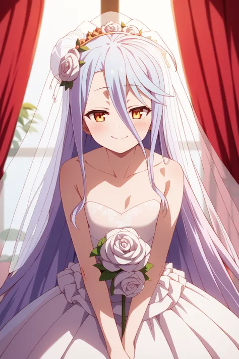 masterpiece,best quality,{{detailed beautiful face and eyes}}, very detailed background,
Shiro,{{{megami magazine}}},very long hair,white hair,messy hair,hair between eyes,yellow eyes,half closed eyes,flat chest,
1girl,hairstyle: (wedding bun:1.2)
Outfit: ...