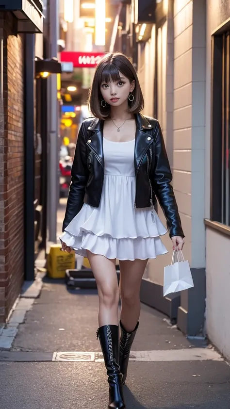 (LAYER MINI-DRESS )、 LEATHER JACKET、 in the seat、Medium breast、 skinny body、 BEAUTIFUL LEGS、 stiletto boots、Earrings、 Straight Bob Hair 、 blonde、In the city、 in shopping mall、Street lamp light、 shop window lights、 walking behind、 masterpiece:1.3、 top quali...