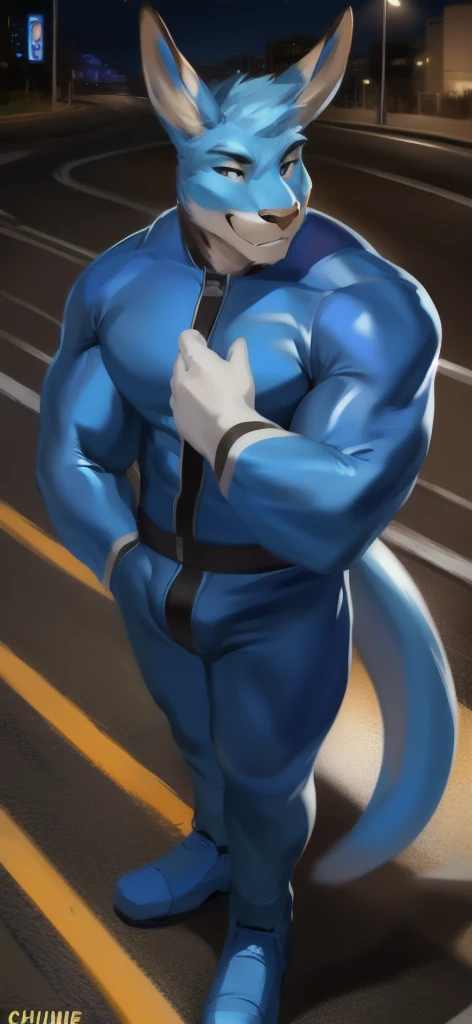  alone, Male​ Tall​,huge​ body​, stand, road, kangaroo ,  blue military spacesuit,  heavy overload,  muscular , smirking​ happy​ ,by chunie ​