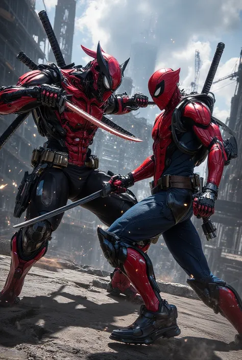 Spiderman is killing Deadpool by his magical knife near a construction site 