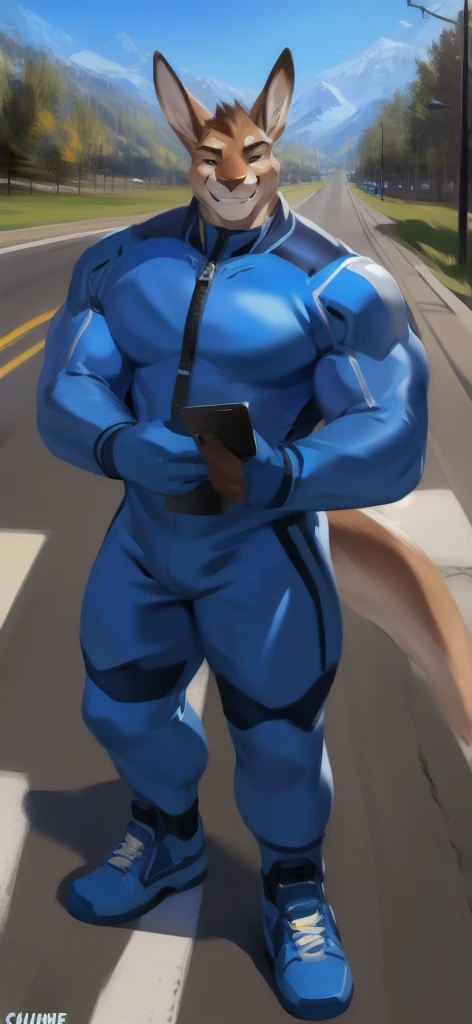  alone, Male​ Tall​,huge​ body​, stand, road, kangaroo ,  blue military spacesuit,  heavy overload,  muscular , smirking​ happy​ ,by chunie ​