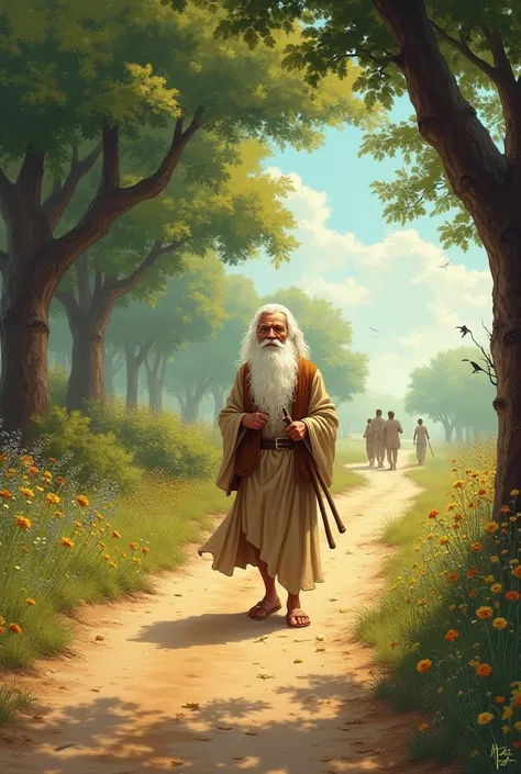 Oil paint cartoon image :- A dusty road outside the kingdom, lined by wildflowers and dense trees. An elderly sage with a long white beard, wearing simple robes and carrying a wooden staff, walks slowly toward the capital. Birds chirp from the branches as ...