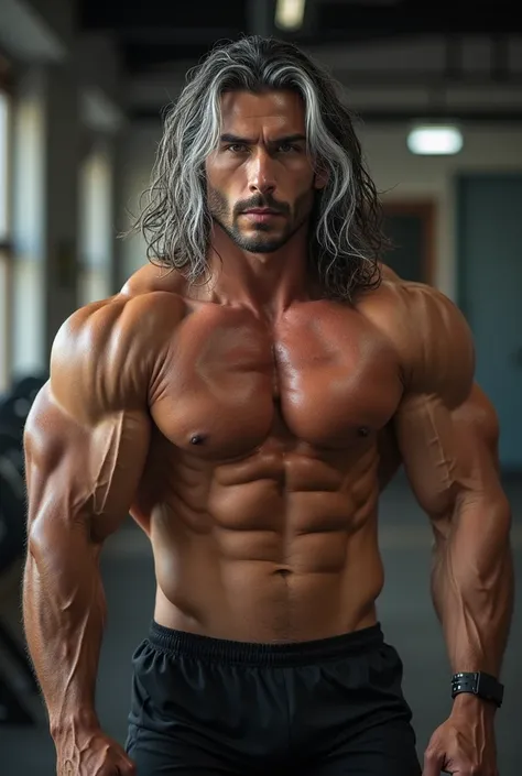 adult handsome muscule wrestling man. Sport centre in backround. Spanish man, long black white hair.
masterpiece, best quality, high resolution, close-up portrait, male focus, solo focus, muscular, strong, bodybuilder, bodybuilder, very strong, masculine, ...