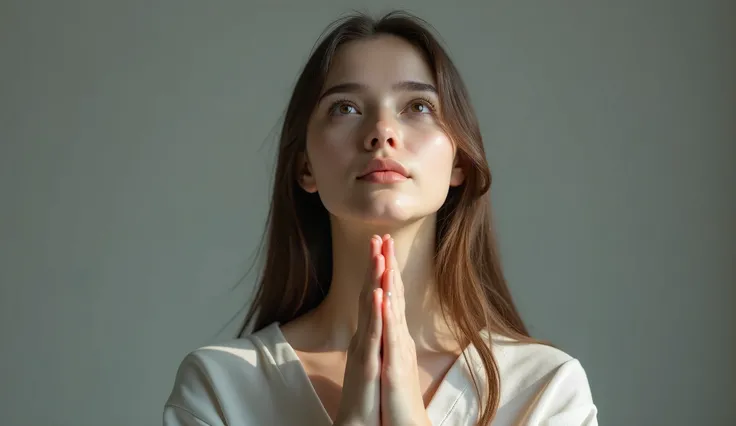 (photorealism:1.2), A highly detailed and realistic image of A young woman with long, straight brown hair, gazing upwards with a serene and hopeful expression, hands gently pressed together in prayer. She wears a simple yet elegant white blouse, symbolizin...