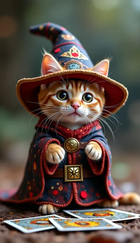  The cute, wide-eyed wizard kitten is dressed as a fantasy character１animal.  This little cat has a  great  world ,  The fantasy world is wonderfully beautiful  ,     beautiful view of the world    , かわいい子猫はMagical本の上に乗る, Magical結晶と紫の帽子を身に着けています . tarot ca...