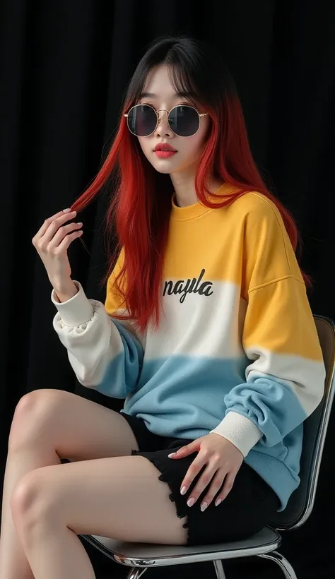 Buatlah realistic 4D photo.a long-haired Japanese girl dyed red ash ash mixed with black and blue looks neat and clear details, wearing intense sunglasses,  and wearing an oversize hodie dyed yellow white blue the colors are mixed and bright there is an in...