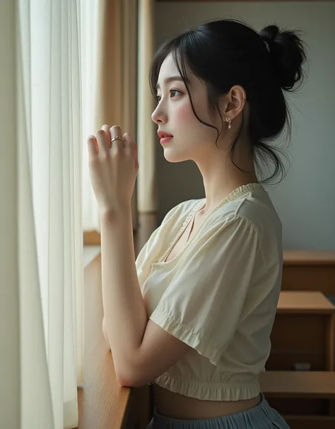 (A super cute Korean female teacher is looking out the window:1.2)(Grinning,smile:1.2)( I'm happy:1.1)(16k,  RAW photos ,  top quality,  Masterpiece: 1.2),( glossy black hair cute bun hair )  Super Detail,  super resolution on the floor, (Genuine, Genuine ...