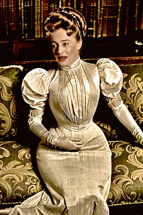 A sexy 15yo Gibson Girl, (((masturbating on a couch, fingering:1.5))), wearing a (((1900_dr3ss))). High-collar gown, skirts hiked up, silk stockings, buttoned ankle boots. Voluminous Gibson Girl updo. NSFW. Edwardian setting 