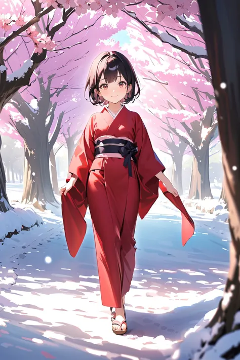 1 girl, (cute face), ager, short hair, (wearing a kimono:1.2), (smiling:1.2), small breasts, petite, 
BREAK 
snow-covered path, cherry blossom trees, (walking gracefully:1.2), winter scenery, peaceful vibe 
BREAK 
(natural lighting, gentle shadows), dreamy...