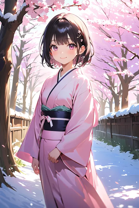 1 girl, (cute face), ager, short hair, (wearing a kimono:1.2), (smiling:1.2), small breasts, petite, 
BREAK 
snow-covered path, cherry blossom trees, (walking gracefully:1.2), winter scenery, peaceful vibe 
BREAK 
(natural lighting, gentle shadows), dreamy...