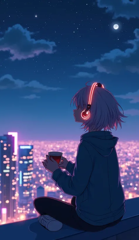 A dreamy anime girl with short, wavy hair sits on a rooftop, gazing at the starry sky. The neon city lights glow beneath her, and she wears a stylish jacket over her casual clothes. A pair of glowing headphones rest on her head, and she holds a warm cup of...