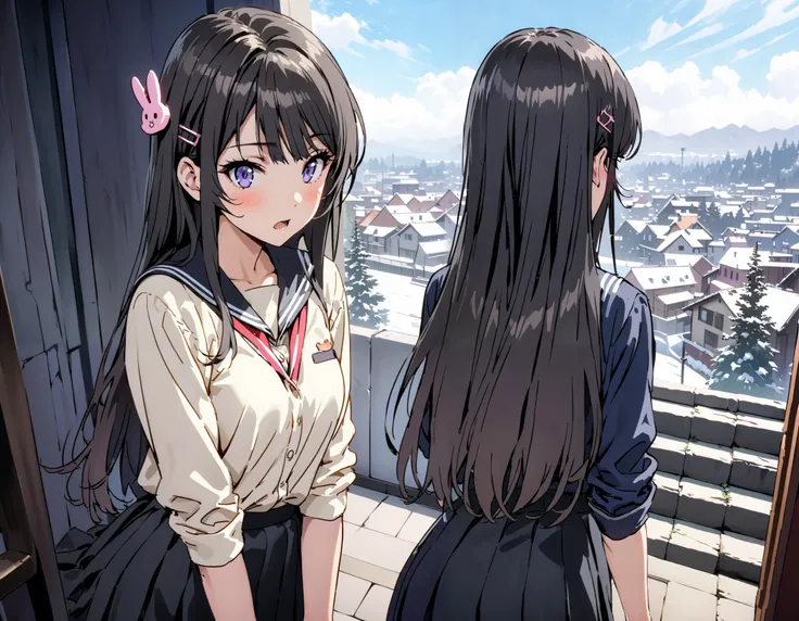 household, Mai Sakurajima ,  long hair, bangs,   black hair,   hair ornament,   Purple Eyes,  hair clip, rabbit   hair ornament,blush, is astonished, open your mouth,Black sailor suit, Long Sleeve, black mini pleated skirt ,Black socks,winter,
Standing on ...