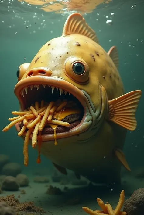 Make a bubble fish out of the water, disgusting,  eating French fries and hamburgers, with a nose like a fat potato 