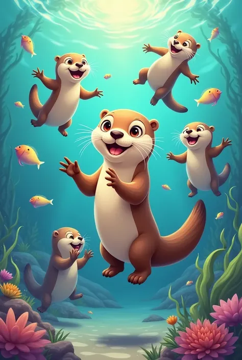 make a cartoony drawing of a sea otter with multiple different facial expressions and movement