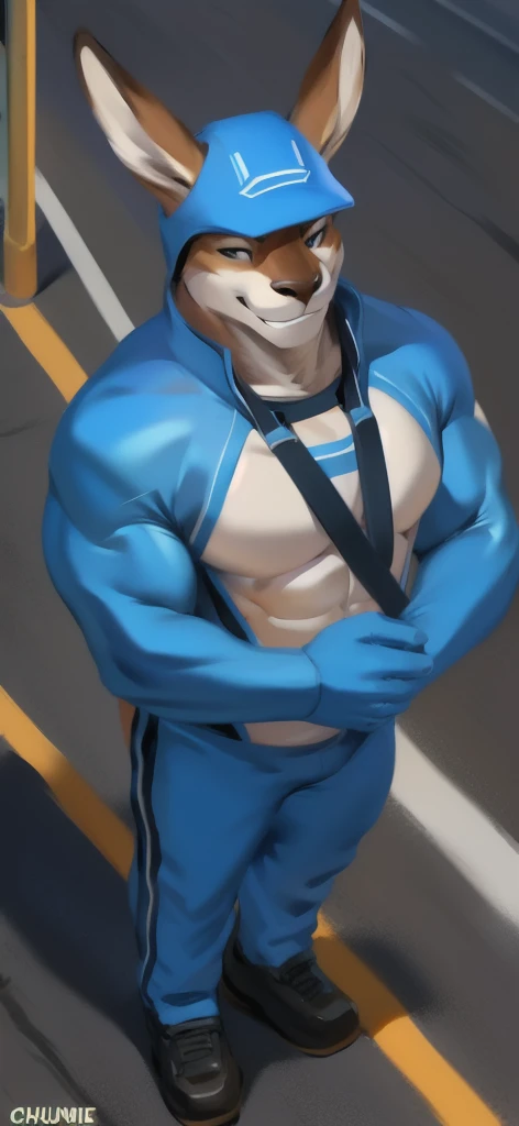  alone, Male​ Tall​,huge​ body​, stand, road, kangaroo female ,  blue military spacesuit,  heavy overload,  muscular , smirking​ happy​ ,by chunie ​