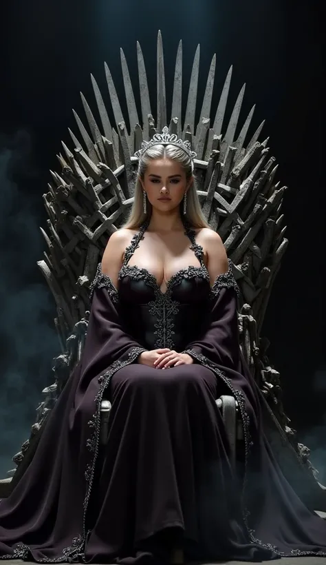 Selena Gomez sits majestically on the Iron Throne, her posture commanding and regal. She wears an intricate gown made of rich dark fabrics, embroidered with Targaryen sigils and subtle dragon motifs, showcasing her noble lineage. Her long, silvery hair flo...