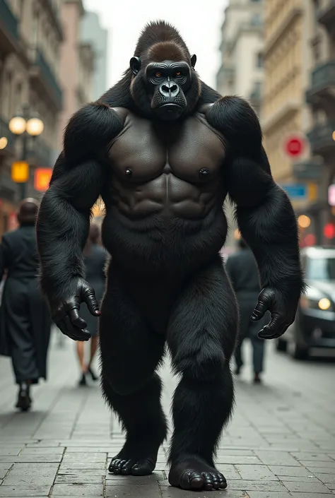  A gorilla looking down ,  walking in gorilla skin ,  more from the neck down and human,  dressed in Márcia's clothing , walking in the streets, with a great physique  