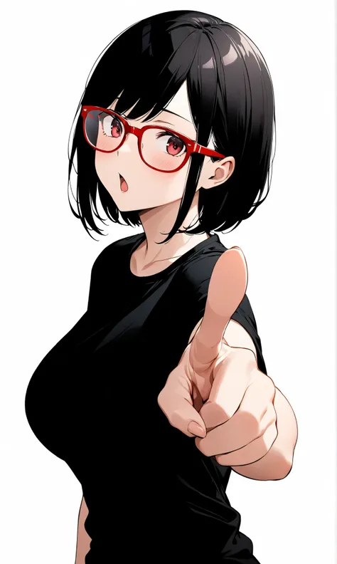  black hair shortcuts 、 red glasses、 plain black t-shirt without logo、white background、Big Tits 40、Speak、Pointing