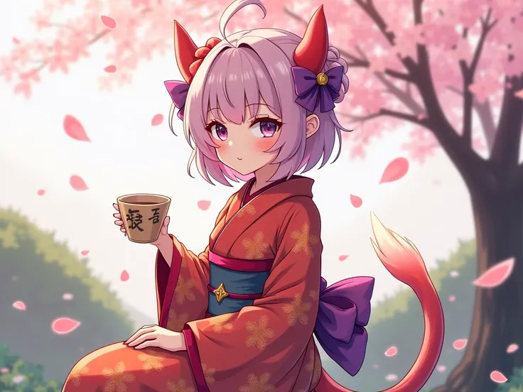 anime, fate/grand order, shuten doji, oni, loli, kimono, spring, sakura petals scattering around, sitting and holding sake cup, smiling