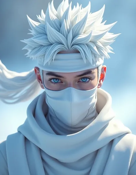 man, warrior, ninja, with ice powers, com uma roupa ninja in white color, with bright blue eyes and with short hair that is pointed upwards, in white color,  that is wearing a headband, in white color,  covering half of his face 