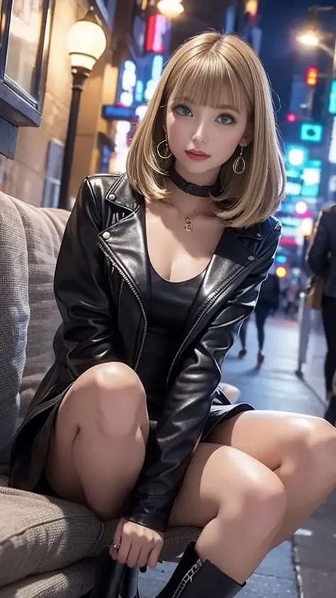 (LAYER MINI-DRESS )、 LEATHER JACKET、 in the seat、Medium breast、 skinny body、 BEAUTIFUL LEGS、 stiletto boots、Earrings、 Straight Bob Hair 、 blonde、In the city、 in shopping mall、Street lamp light、 shop window lights、 walking behind、 masterpiece:1.3、 top quali...